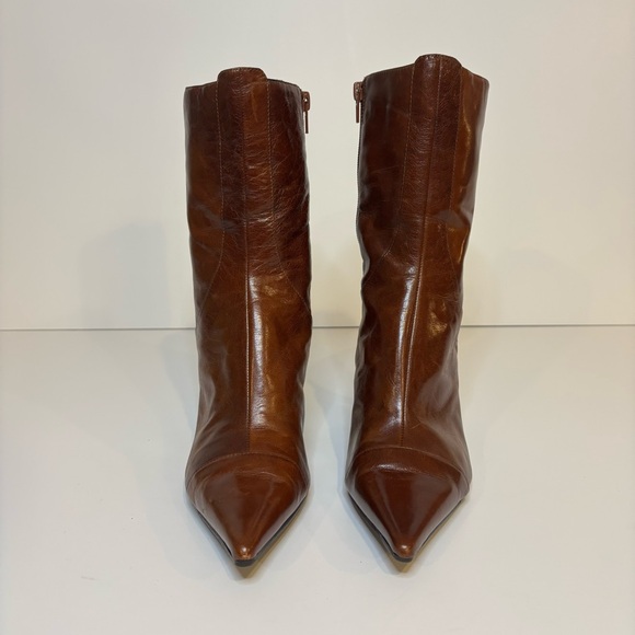 NINE WEST | Cognac Leather Pointed Toe Stiletto Mid Calf Boots | Size 8.5 - Picture 2 of 9